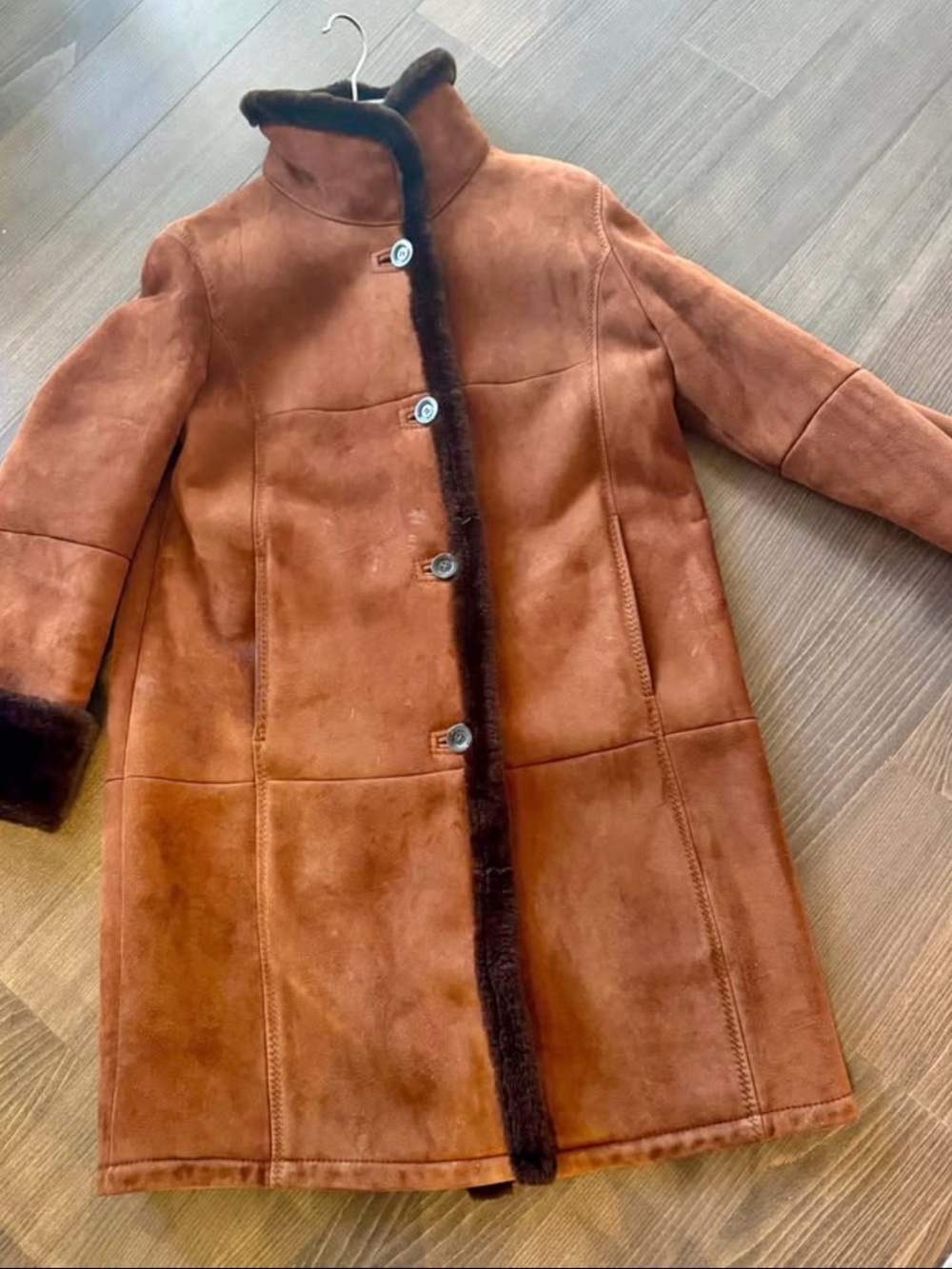 Christy Brown Suede Shearling-Trim Pea Coat